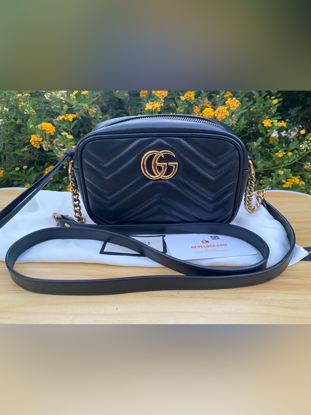 GUCCI GG Marmont Matelasse Mini Black Calfskin Leather Crossbody Bag (6849)